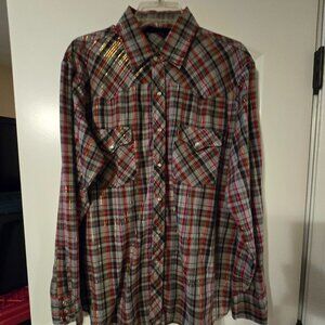 Vintage 1970s Van Cort Pearl Snap Plaid Long Sleeve Shirt Thin Gold Metallic L